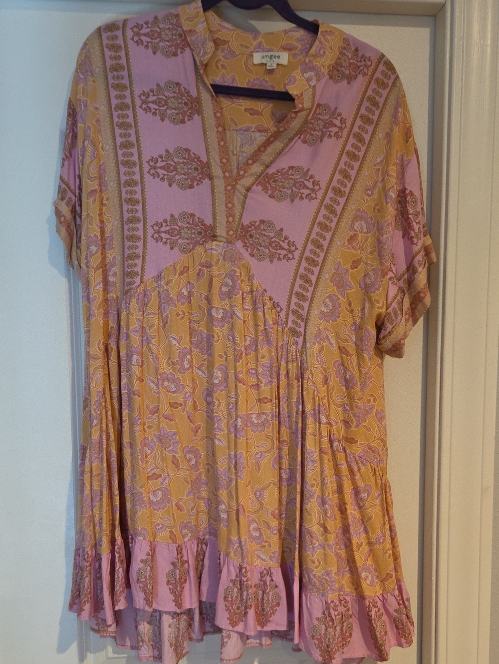 Umgee Boho Split-Neck Tunic in Pink and Mustard